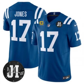 Men's Indianapolis Colts #17 Daniel Jones Blue 2025 F.U.S.E. With 4-Star C And Jim Irsay Vapor Limited Football Stitched Jersey