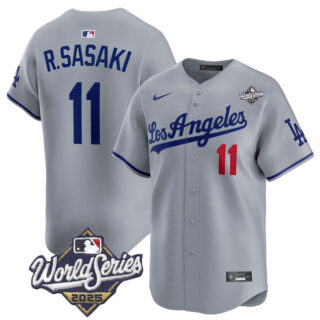 Men's Los Angeles Dodgers #11 Roki Sasaki Grey 2025 World Series Patch Limited Stitched Baseball Jersey