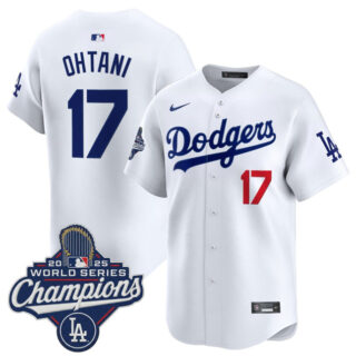 Men's Los Angeles Dodgers #17 Shohei Ohtani White 2025 World Series Champions Patch Home Limited Stitched Baseball Jersey
