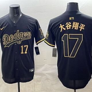Men's Los Angeles Dodgers #17 Shohei Ohtani Black Gold 2025 World Series Champions Patch Limited Stitched Baseball Jersey