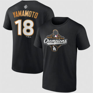 Men's Los Angeles Dodgers #18 Yoshinobu Yamamoto Black 2025 World Series Champions Name & Number T-Shirt