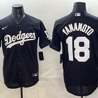 Men's Los Angeles Dodgers #18 Yoshinobu Yamamoto Black 2025 World Series Champions Patch Cool Base Stitched Baseball Jersey