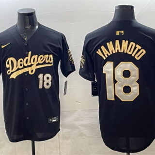 Men's Los Angeles Dodgers #18 Yoshinobu Yamamoto Black Gold 2025 World Series Champions Patch Limited Stitched Baseball Jersey