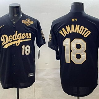 Men's Los Angeles Dodgers #18 Yoshinobu Yamamoto Black Gold 2025 World Series Patch Limited Stitched Baseball Jersey