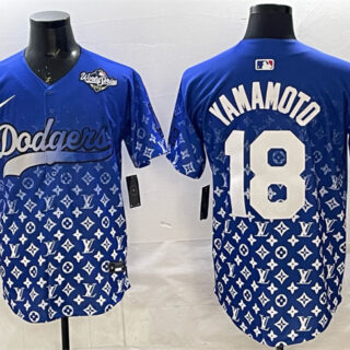 Men's Los Angeles Dodgers #18 Yoshinobu Yamamoto Blue 2025 World Series Patch Limited Stitched Baseball Jersey