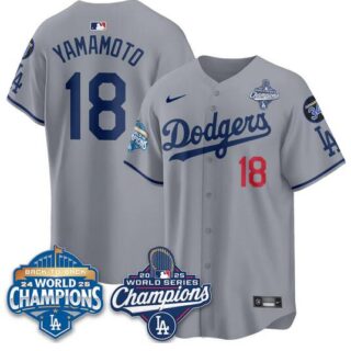 Men's Los Angeles Dodgers #18 Yoshinobu Yamamoto Grey 2025 World Series Champions & Back to Back Champions With No.34 Patch Limited Stitched Baseball Jersey