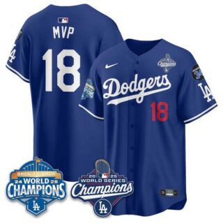 Men's Los Angeles Dodgers #18 Yoshinobu Yamamoto Royal 2025 World Series Champions & Back to Back Champions With No.34 Patch Limited Stitched Baseball Jersey