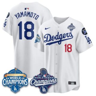 Men's Los Angeles Dodgers #18 Yoshinobu Yamamoto White 2025 World Series Champions & Back to Back Champions With No.34 Patch Limited Stitched Baseball Jersey
