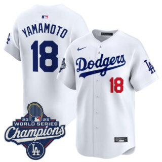 Men's Los Angeles Dodgers #18 Yoshinobu Yamamoto White 2025 World Series Champions Patch Home Limited Stitched Baseball Jersey