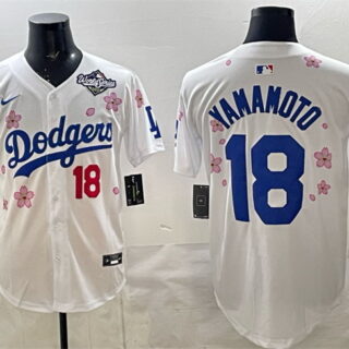 Men's Los Angeles Dodgers #18 Yoshinobu Yamamoto White 2025 World Series Patch Tokyo Series Limited Stitched Baseball Jersey