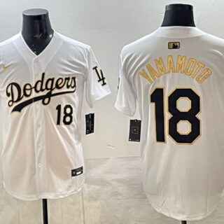 Men's Los Angeles Dodgers #18 Yoshinobu Yamamoto White Gold 2025 Back to Back Champions Patch Limited Stitched Baseball Jersey