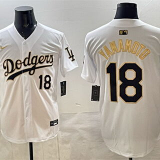 Men's Los Angeles Dodgers #18 Yoshinobu Yamamoto White Gold 2025 World Series Champions Patch Limited Stitched Baseball Jersey