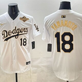 Men's Los Angeles Dodgers #18 Yoshinobu Yamamoto White Gold 2025 World Series Patch Limited Stitched Baseball Jersey