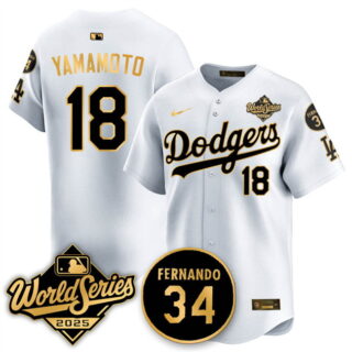 Men's Los Angeles Dodgers #18 Yoshinobu Yamamoto White Gold 2025 World Series With No.34 Patch Limited Stitched Baseball Jersey