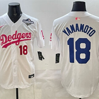 Men's Los Angeles Dodgers #18 Yoshinobu Yamamoto White Pink 2025 World Series Vin & Kobe Patch Limited Stitched Baseball Jersey