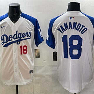 Men's Los Angeles Dodgers #18 Yoshinobu Yamamoto White Royal 2025 World Series Champions Patch Limited Stitched Baseball Jersey