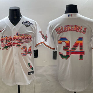 Men's Los Angeles Dodgers #34 Fernando Valenzuela White Mexico California Patch 2025 World Series Patch Stitched Baseball Jersey