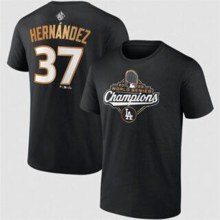 Men's Los Angeles Dodgers #37 Teoscar Hernandez Black 2025 World Series Champions Name & Number T-Shirt