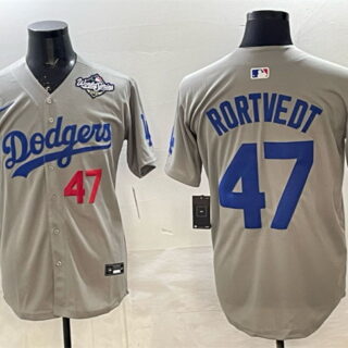 Men's Los Angeles Dodgers #47 Ben Rortvedt Grey 2025 World Series Patch Limited Stitched Baseball Jersey