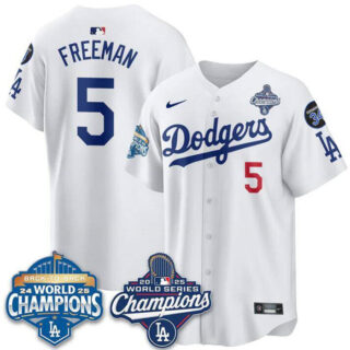 Men's Los Angeles Dodgers #5 Freddie Freeman White 2025 World Series Champions & Back to Back Champions With No.34 Patch Limited Stitched Baseball Jersey
