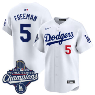 Men's Los Angeles Dodgers #5 Freddie Freeman White 2025 World Series Champions Patch Home Limited Stitched Baseball Jersey