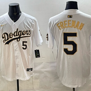Men's Los Angeles Dodgers #5 Freddie Freeman White Gold 2025 World Series Champions Patch Limited Stitched Baseball Jersey