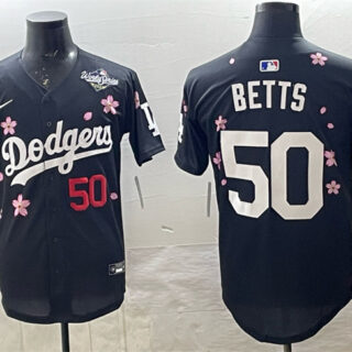 Men's Los Angeles Dodgers #50 Mookie Betts Black 2025 World Series Patch Tokyo Series Limited Stitched Baseball Jersey