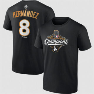 Men's Los Angeles Dodgers #8 Enrique Hernandez Black 2025 World Series Champions Name & Number T-Shirt