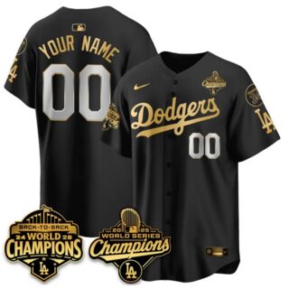 Men's Los Angeles Dodgers Active Player Custom Black Gold 2025 World Series Champions Back to Back With No.34 Patch Limited Stitched Baseball Jersey