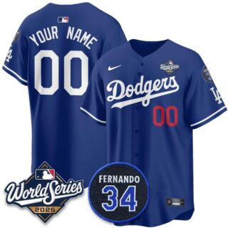 Men's Los Angeles Dodgers Active Player Custom Royal 2025 World Series With No.34 Patch Limited Stitched Baseball Jersey