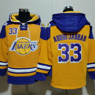 Men's Los Angeles Lakers #33 Kareem Abdul-Jabbar Yellow Lace-Up Pullover Hoodie