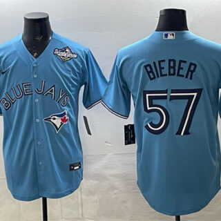 Men's Toronto Blue Jays #57 Shane Bieber Blue 2025 World Series Cool Base Stitched Baseball Jersey