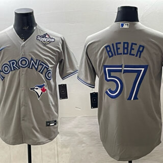 Men's Toronto Blue Jays #57 Shane Bieber Grey 2025 World Series Cool Base Stitched Baseball Jersey