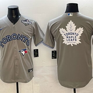 Men's Toronto Blue Jays & Leafs Grey 2025 World Series With White Leafs Logo Cool Base Stitched Baseball Jersey