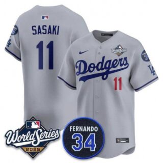 Men's Los Angeles Dodgers #11 Roki Sasaki Gray 2025 World Series With No. 34 Limited Stitched Jersey