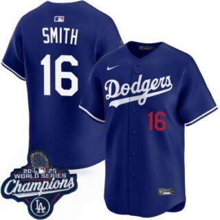 Men's Los Angeles Dodgers #16 Will Smith Cool Base 2025 World Champions Stitched Baseball Jersey Blue