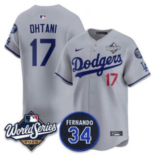 Men's Los Angeles Dodgers #17 Shohei Ohtani Gray 2025 World Series With No. 34 Limited Stitched Jersey