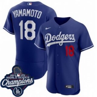Men's Los Angeles Dodgers #18 Yoshinobu Yamamoto Cool Base 2025 World Champions Stitched Baseball Jersey Blue