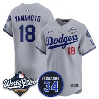 Men's Los Angeles Dodgers #18 Yoshinobu Yamamoto Gray 2025 World Series With No. 34 Limited Stitched Jersey