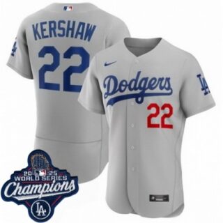 Men's Los Angeles Dodgers #22 Clayton Kershaw Cool Base 2025 World Champions Stitched Baseball Jersey Gray