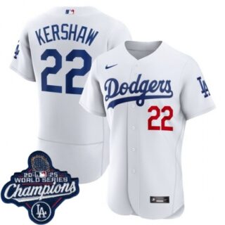 Men's Los Angeles Dodgers #22 Clayton Kershaw Cool Base 2025 World Champions Stitched Baseball Jersey White