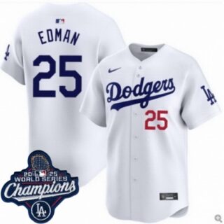 Men's Los Angeles Dodgers #25 Tommy Edman Cool Base 2025 World Champions Stitched Baseball Jersey White