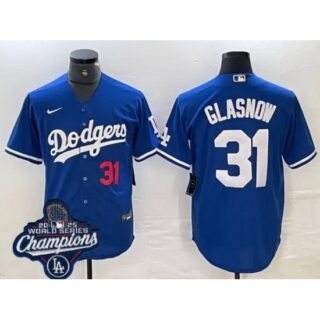 Men's Los Angeles Dodgers #31 Tyler Glasnow Cool Base 2025 World Champions Stitched Baseball Jersey Blue