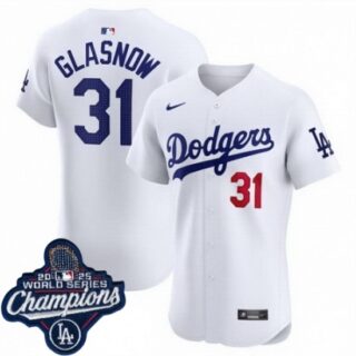 Men's Los Angeles Dodgers #31 Tyler Glasnow Cool Base 2025 World Champions Stitched Baseball Jersey White