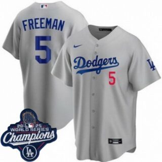 Men's Los Angeles Dodgers #5 Freddie Freeman Cool Base 2025 World Champions Stitched Baseball Jersey Gray