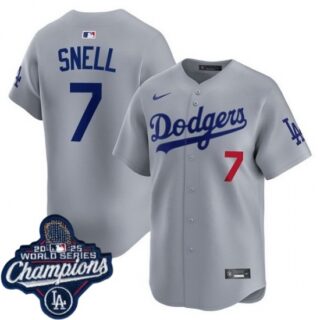 Men's Los Angeles Dodgers #7 Blake Snell Cool Base 2025 World Champions Stitched Baseball Jersey Gray