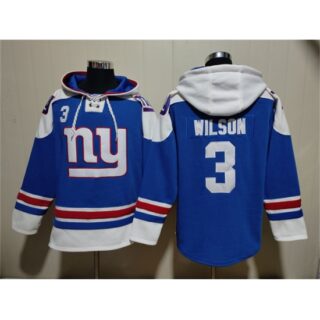 Men's New York Giants #3 Russell Wilson Blue Ageless Must-Have Lace-Up Pullover Hoodie