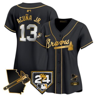 Women's Atlanta Braves #13 Ronald Acuna Jr. Black Gold 2024 Spring Training & Georgia Patch Vapor Limited Stitched Baseball Jersey(Run Small)