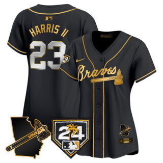 Women's Atlanta Braves #23 Michael Harris II Black Gold 2024 Spring Training & Georgia Patch Vapor Limited Stitched Baseball Jersey(Run Small)