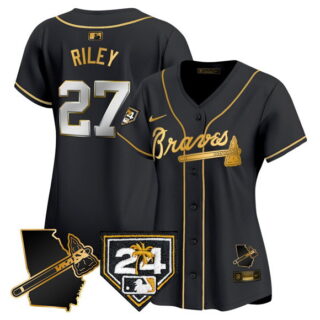 Women's Atlanta Braves #27 Austin Riley Black Gold 2024 Spring Training & Georgia Patch Vapor Limited Stitched Baseball Jersey(Run Small)